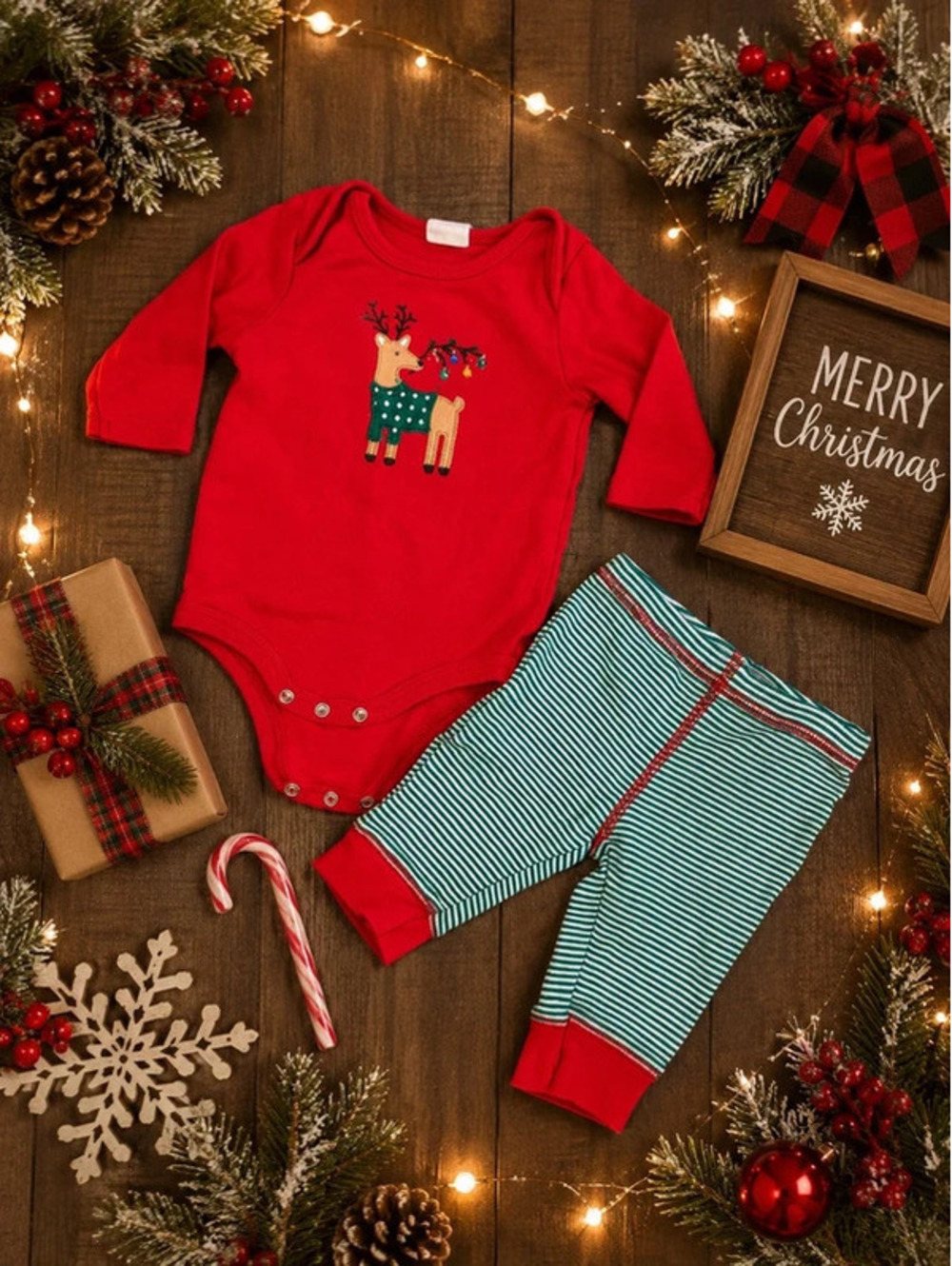 Starting Out Christmas Reindeer Bodysuit & Striped Pants Outfit Set 3 Months